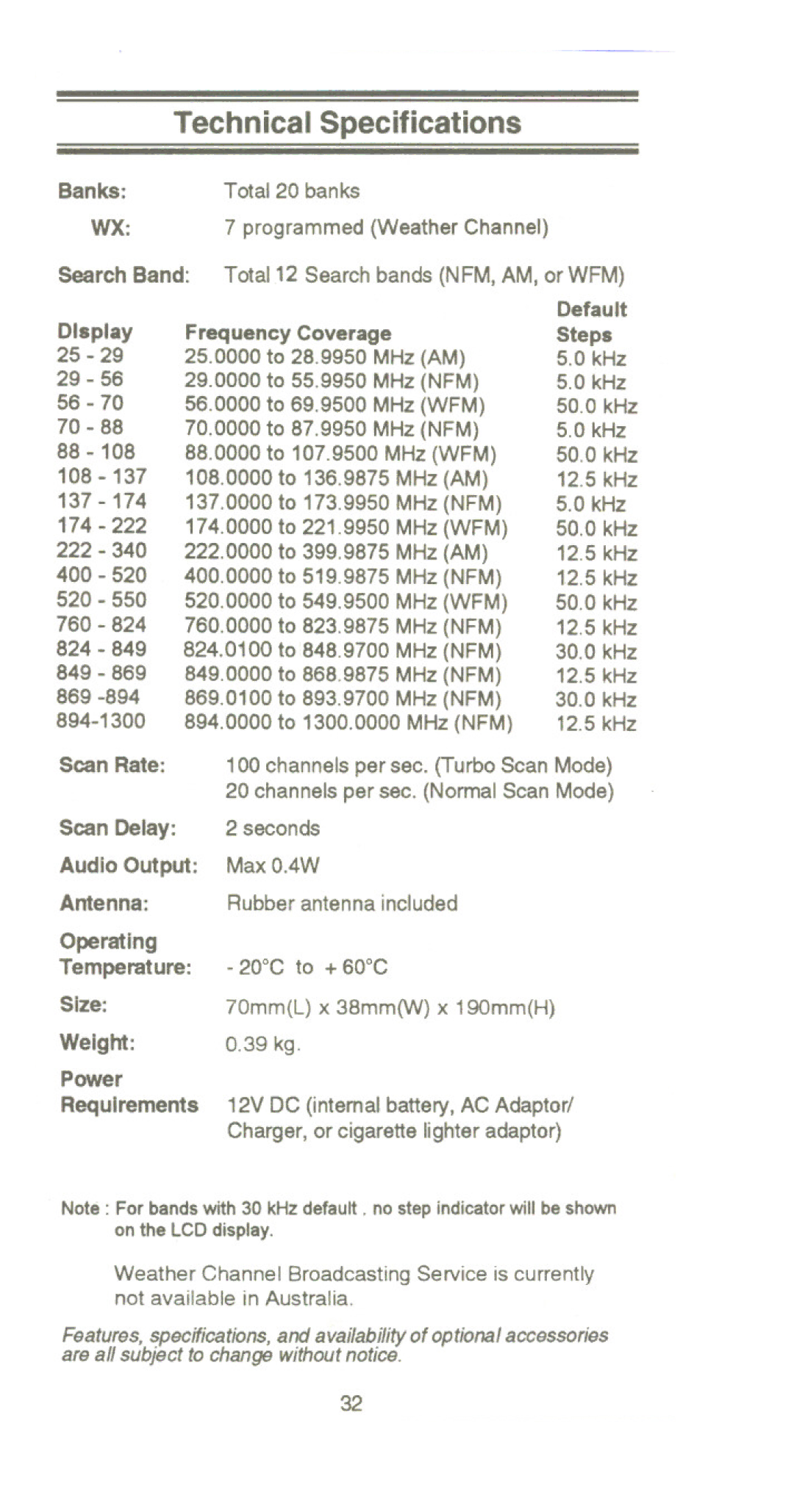 Uniden UBC 2500XLT manual Technical Specifications, Search Band, Display, 137 174 222 400 520, 824 