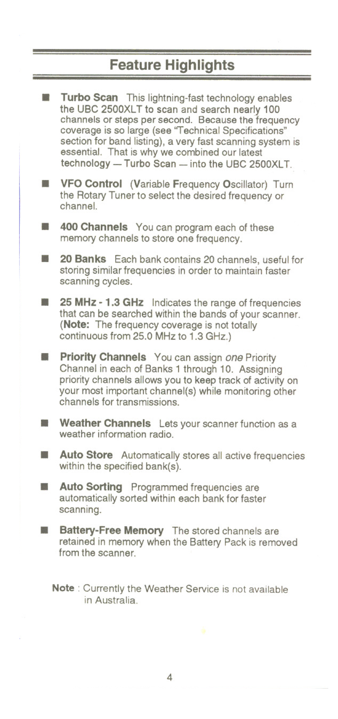 Uniden UBC 2500XLT manual Weather Channels Lets your scanner function as a, Australia 