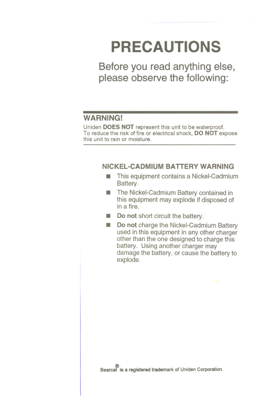 Uniden UBC 2500XLT manual Nickel-Cadmium Battery Warning, Precautions 
