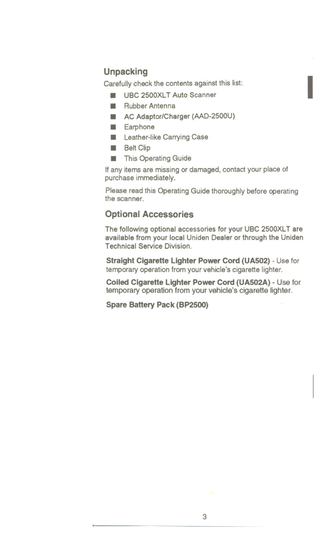 Uniden UBC 2500XLT manual Unpacking, Optional Accessories, Earphone, BeltClip, Leather-like Carrying Case 