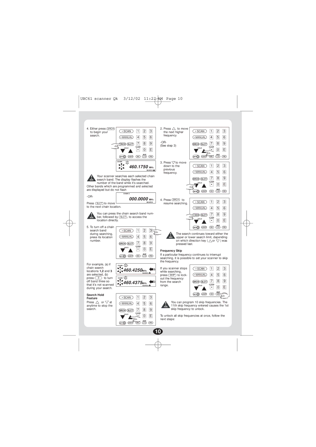 Uniden UBC 61XLT manual 460.1750 MHZ, 460.4250MHZ a, 460.4375MHZ b, Frequency Skip, Search Hold Feature 