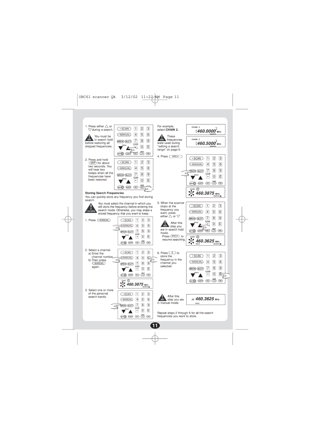 Uniden UBC 61XLT manual 22 460.3875 MHZ, 22 460.3625 MHZ, Storing Search Frequencies 