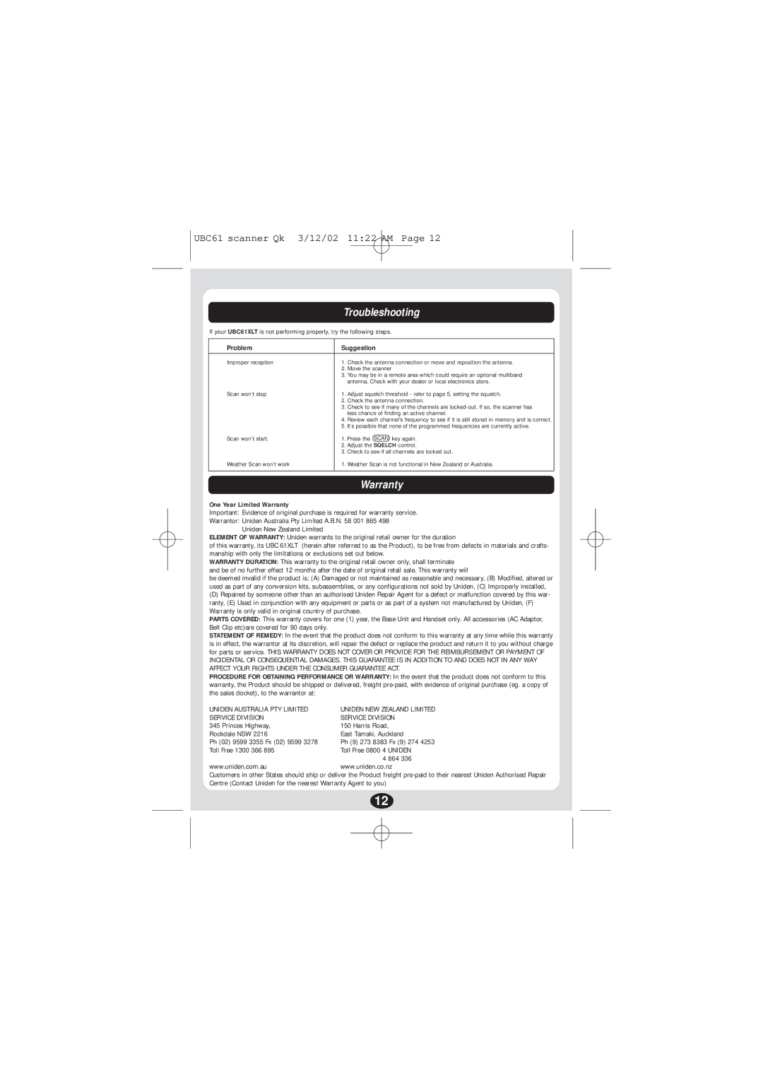 Uniden UBC 61XLT manual Troubleshooting, Problem Suggestion, One Year Limited Warranty 