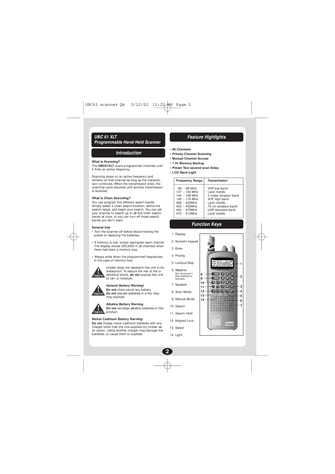 Uniden UBC 61XLT manual Introduction, Feature Highlights, Function Keys 