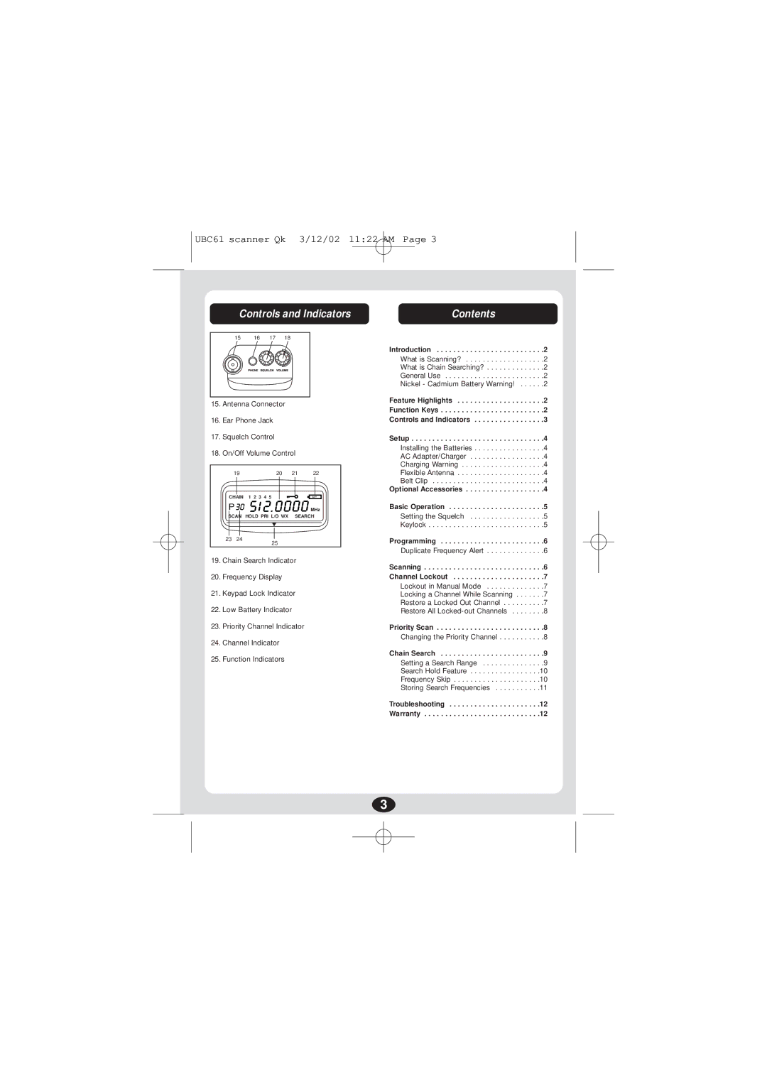 Uniden UBC 61XLT manual Controls and Indicators, Contents 