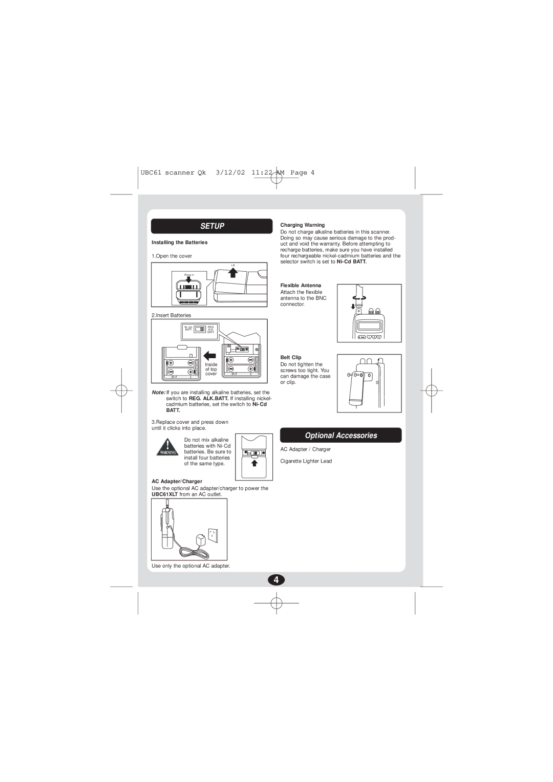 Uniden UBC 61XLT manual Optional Accessories 