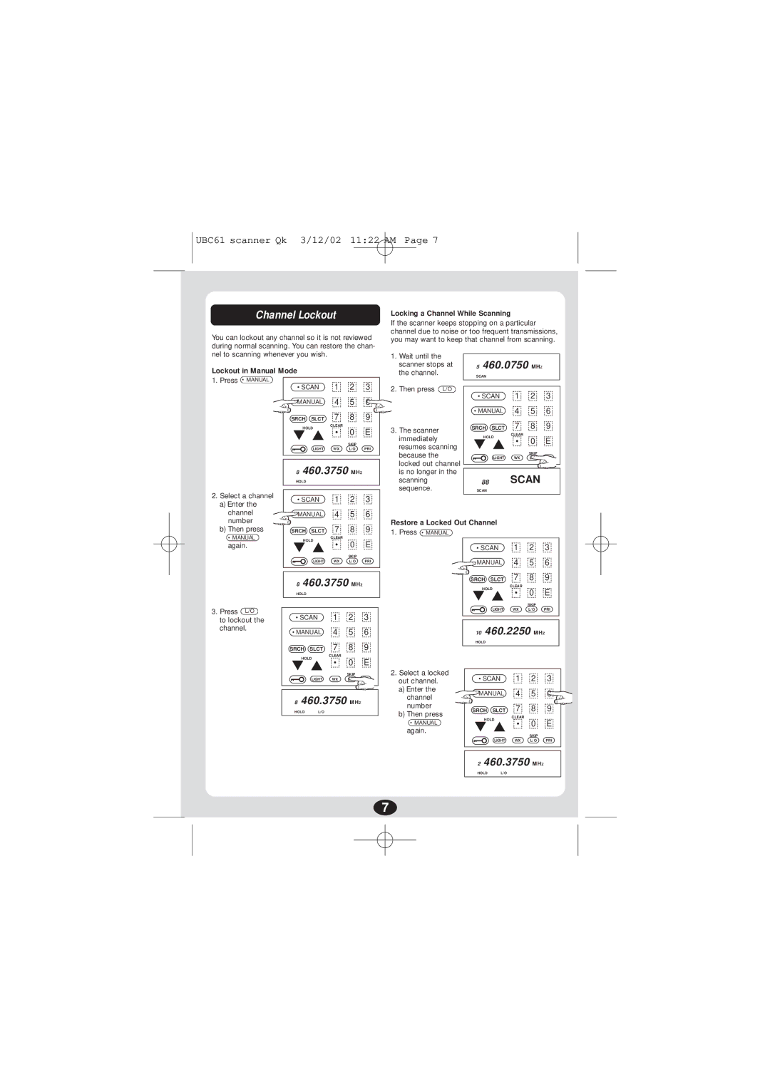 Uniden UBC 61XLT manual Channel Lockout, 460.0750 MHZ, 10 460.2250 MHZ 