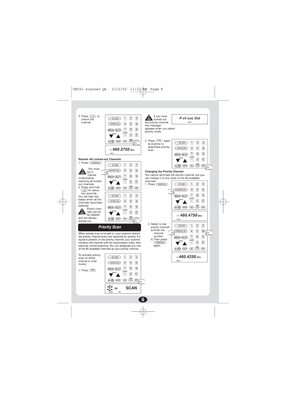 Uniden UBC 61XLT manual Priority Scan, 11 460.4750 MHZ, Changing the Priority Channel 