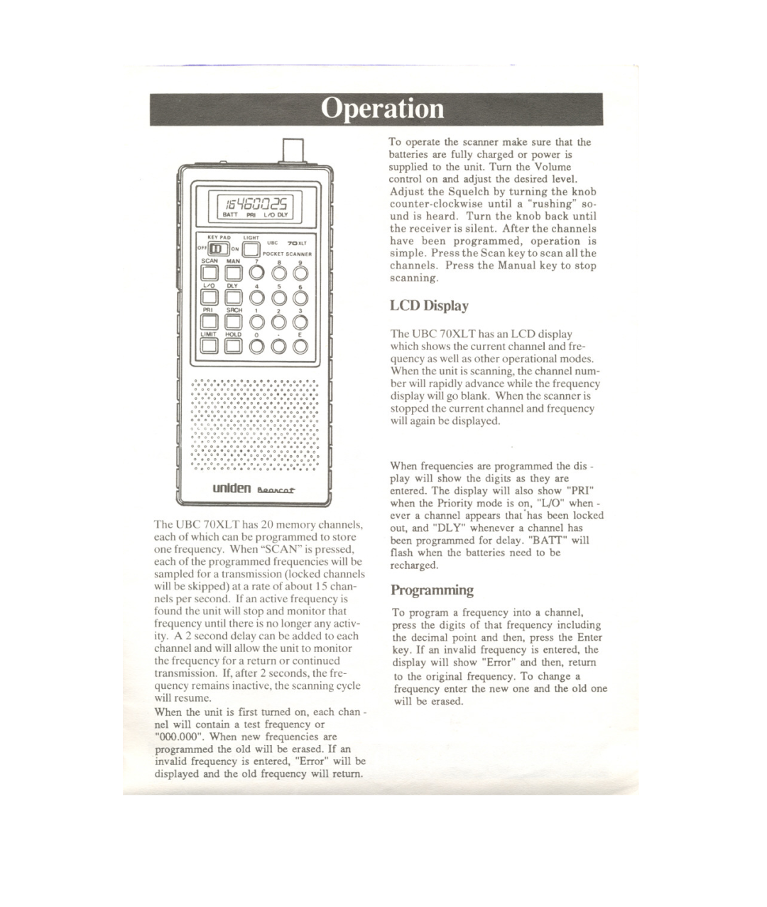 Uniden UBC 70XLT manual OperatiQll, LCD Display, 00000, 5-160025, unlden 