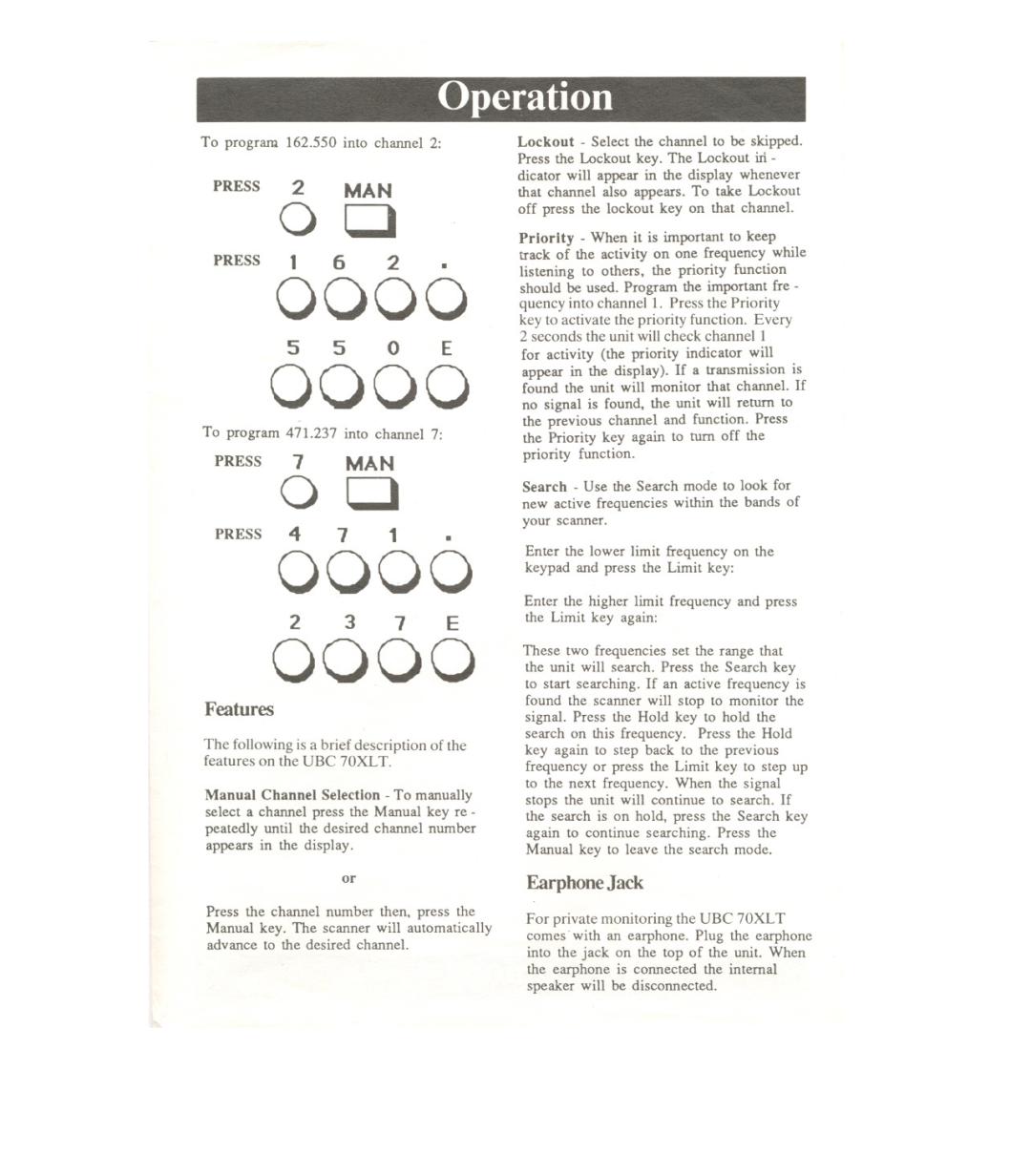 Uniden UBC 70XLT manual Features, 2 3 7 E, Earphone Jack, 0000, Operation, 5 5 0 E 