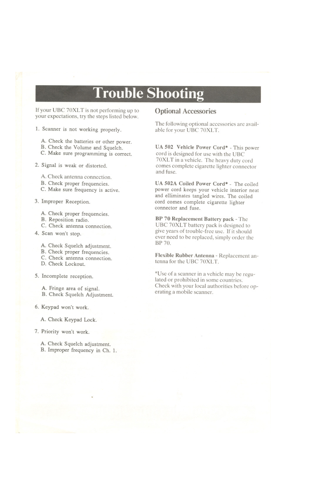 Uniden UBC 70XLT manual Trouble ShoQting, Optional Accessories 