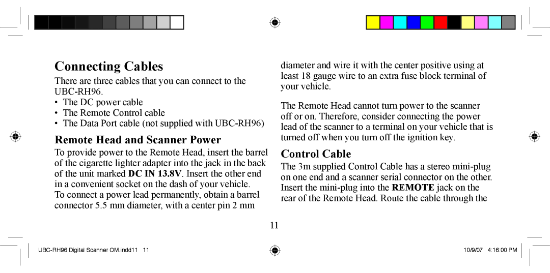 Uniden UBC-RH96 manual Connecting Cables, Remote Head and Scanner Power, Control Cable 