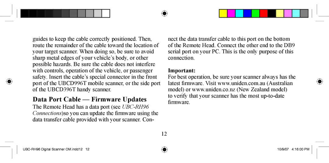 Uniden UBC-RH96 manual Data Port Cable Firmware Updates 