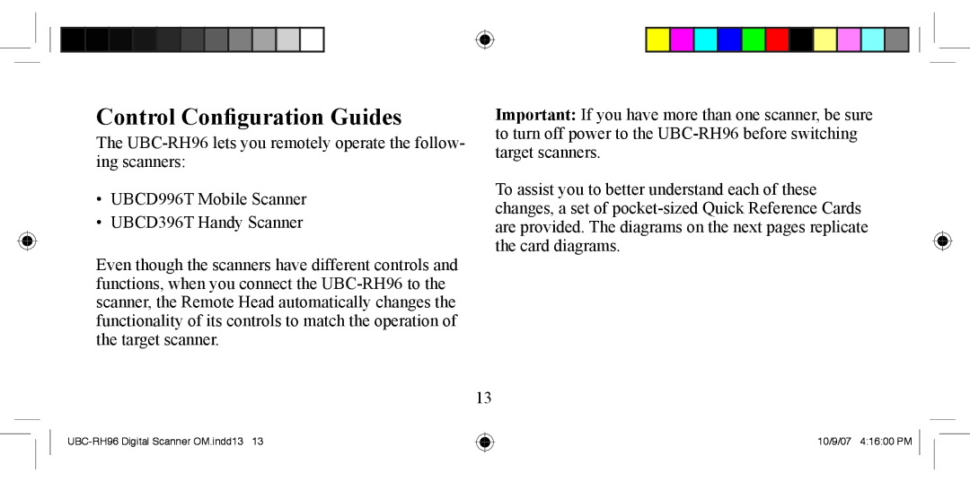 Uniden UBC-RH96 manual Control Conﬁguration Guides 