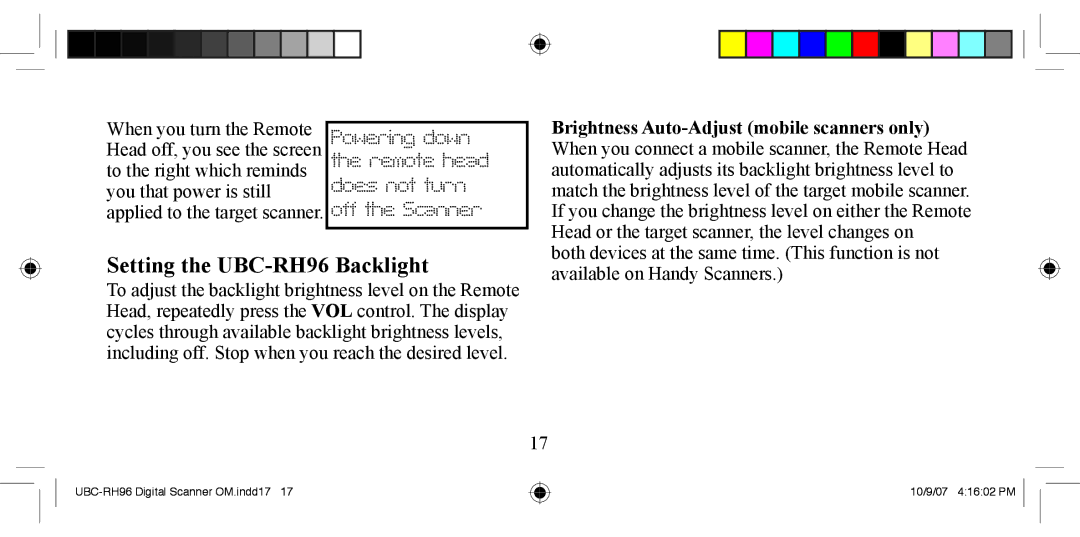 Uniden manual Setting the UBC-RH96 Backlight, Powering down the remote head does not turn off the Scanner 