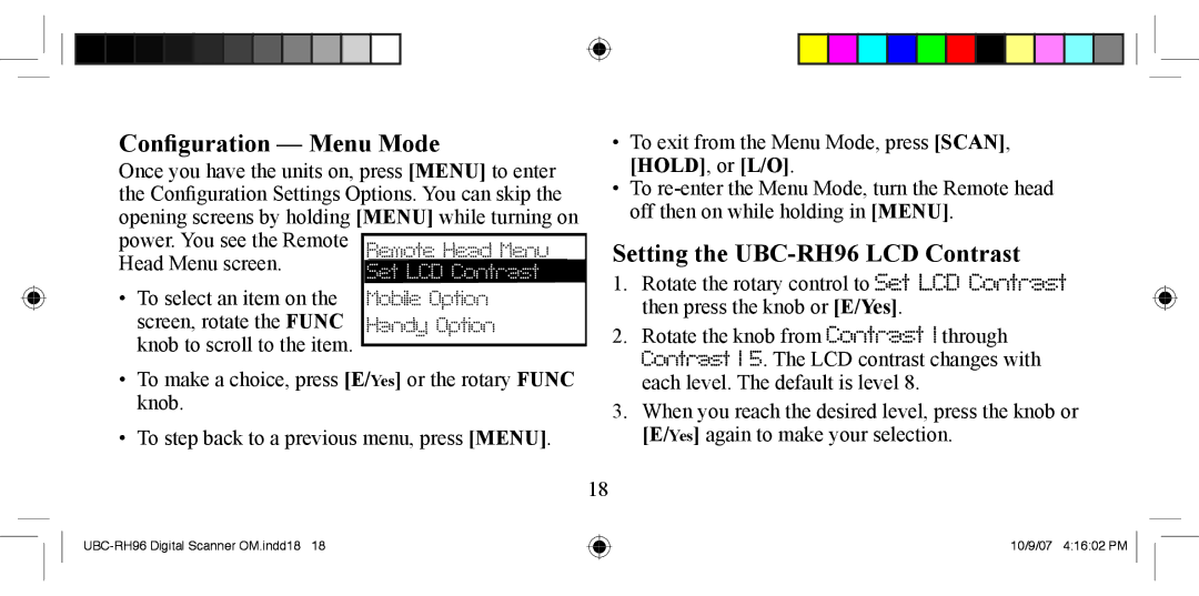 Uniden manual Conﬁguration Menu Mode, Setting the UBC-RH96 LCD Contrast 