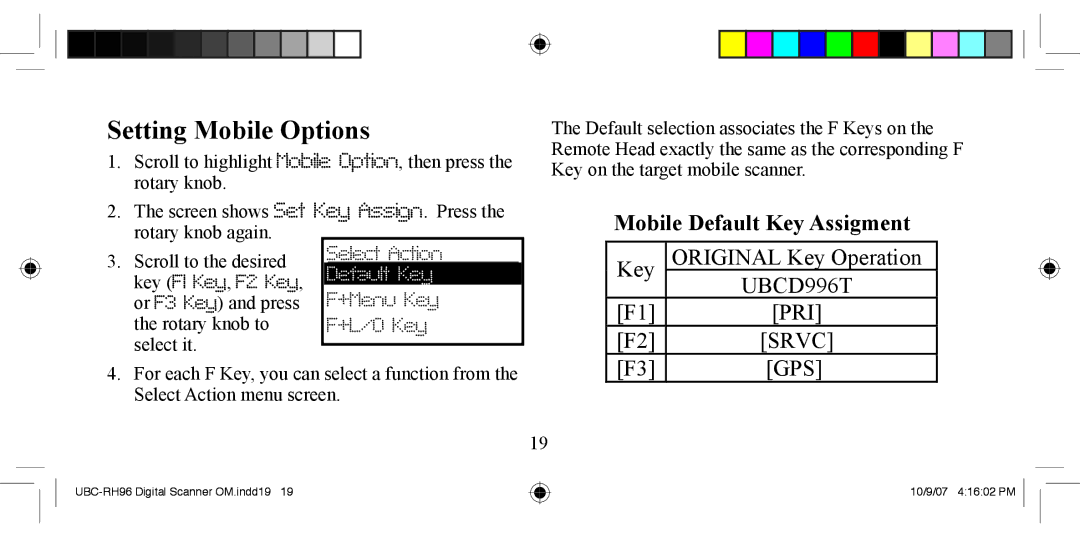 Uniden UBC-RH96 manual Setting Mobile Options, Mobile Default Key Assigment 