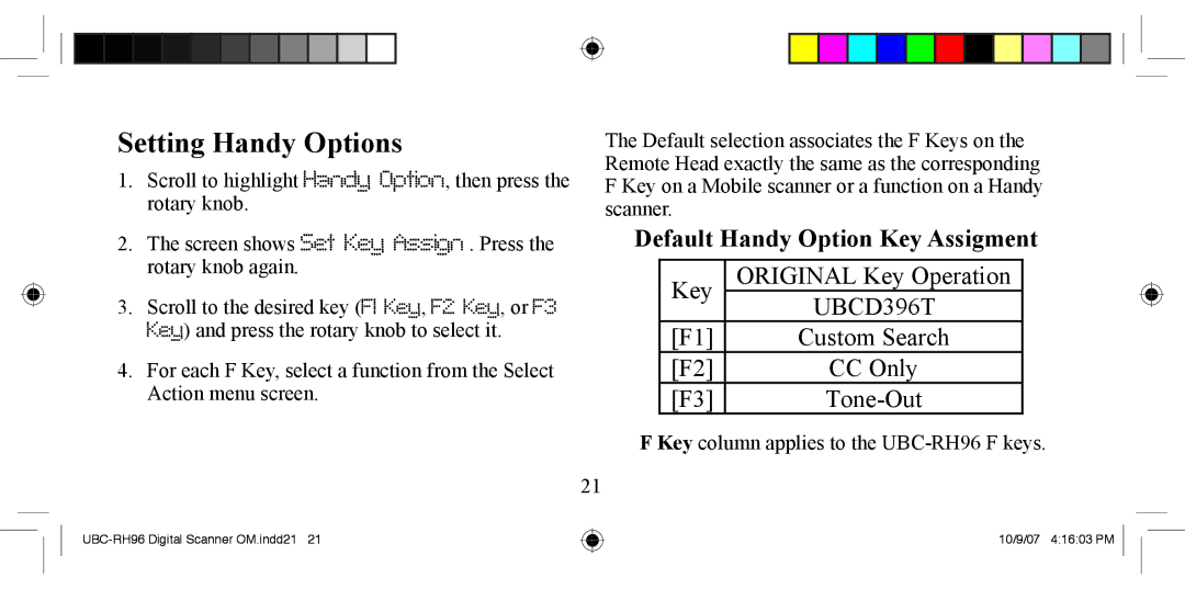 Uniden UBC-RH96 manual Setting Handy Options, Default Handy Option Key Assigment 