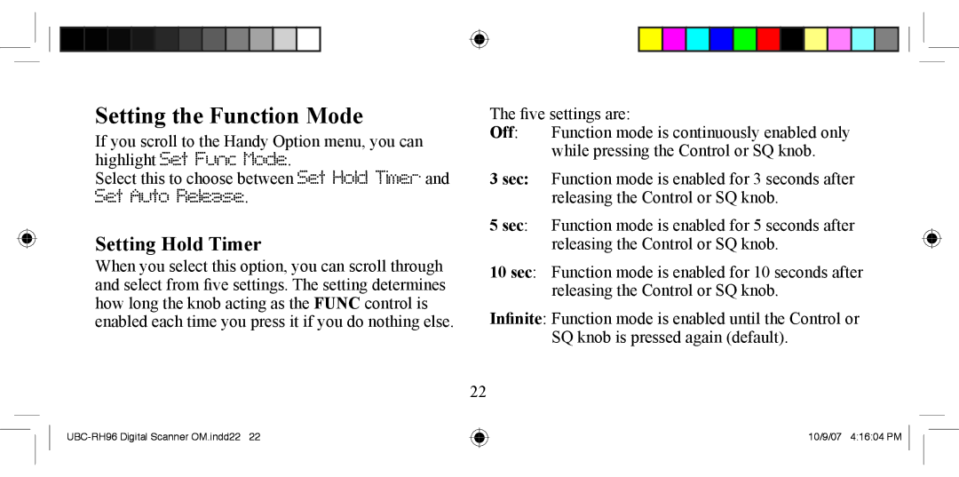 Uniden UBC-RH96 manual Setting the Function Mode, Setting Hold Timer 