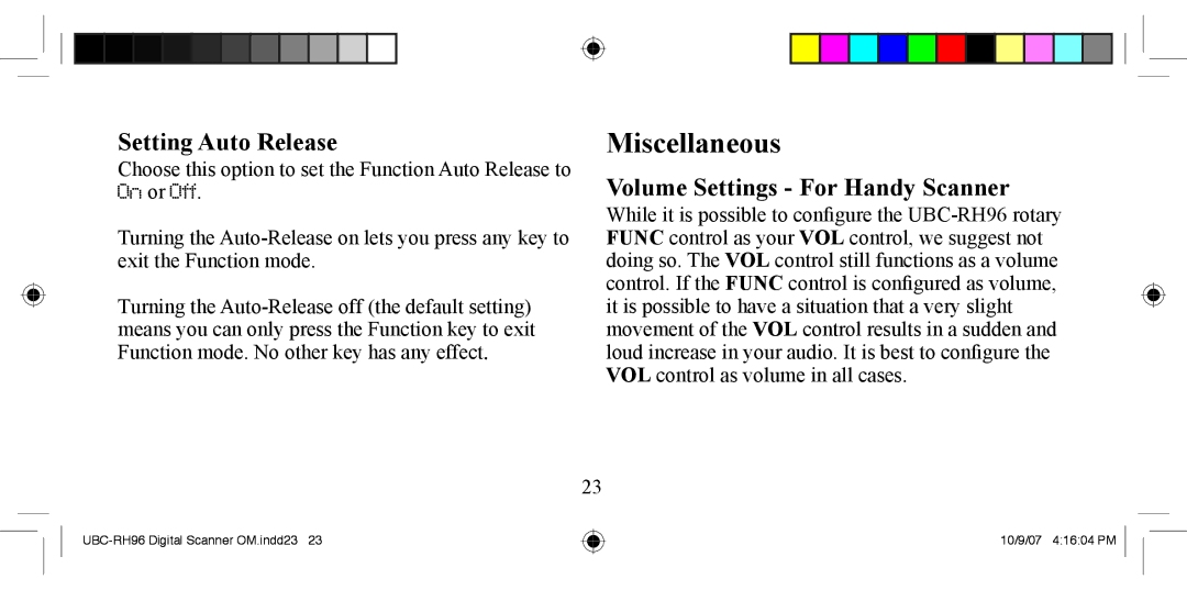 Uniden UBC-RH96 manual Miscellaneous, Setting Auto Release, Volume Settings For Handy Scanner 