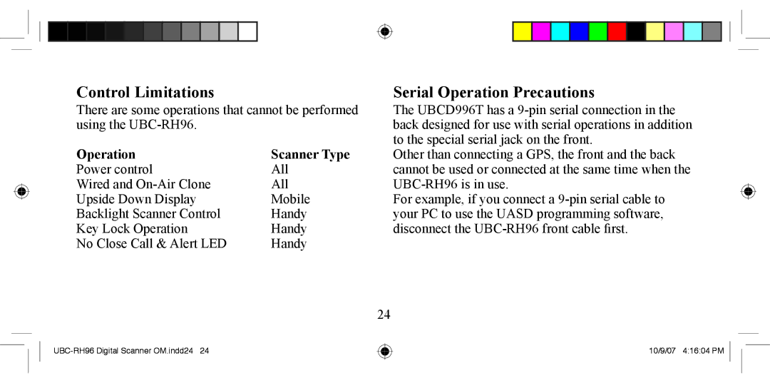 Uniden UBC-RH96 manual Control Limitations, Serial Operation Precautions 