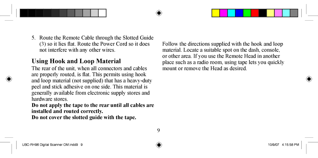 Uniden UBC-RH96 manual Using Hook and Loop Material 