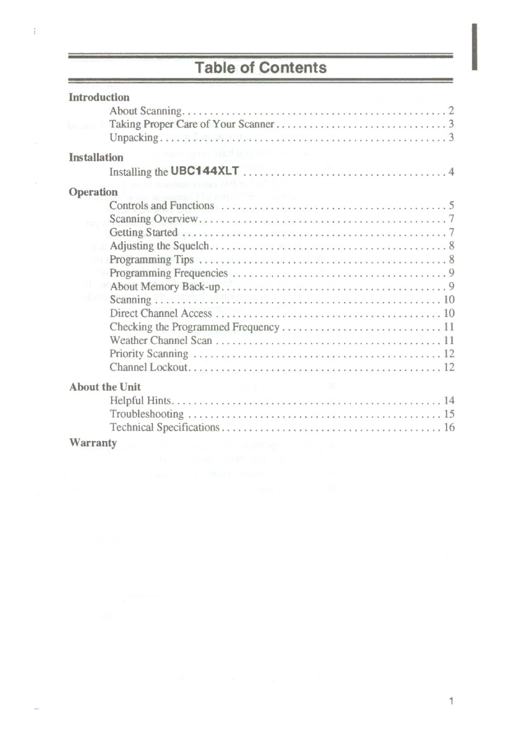 Uniden UBC144XLT manual Table of Contents 