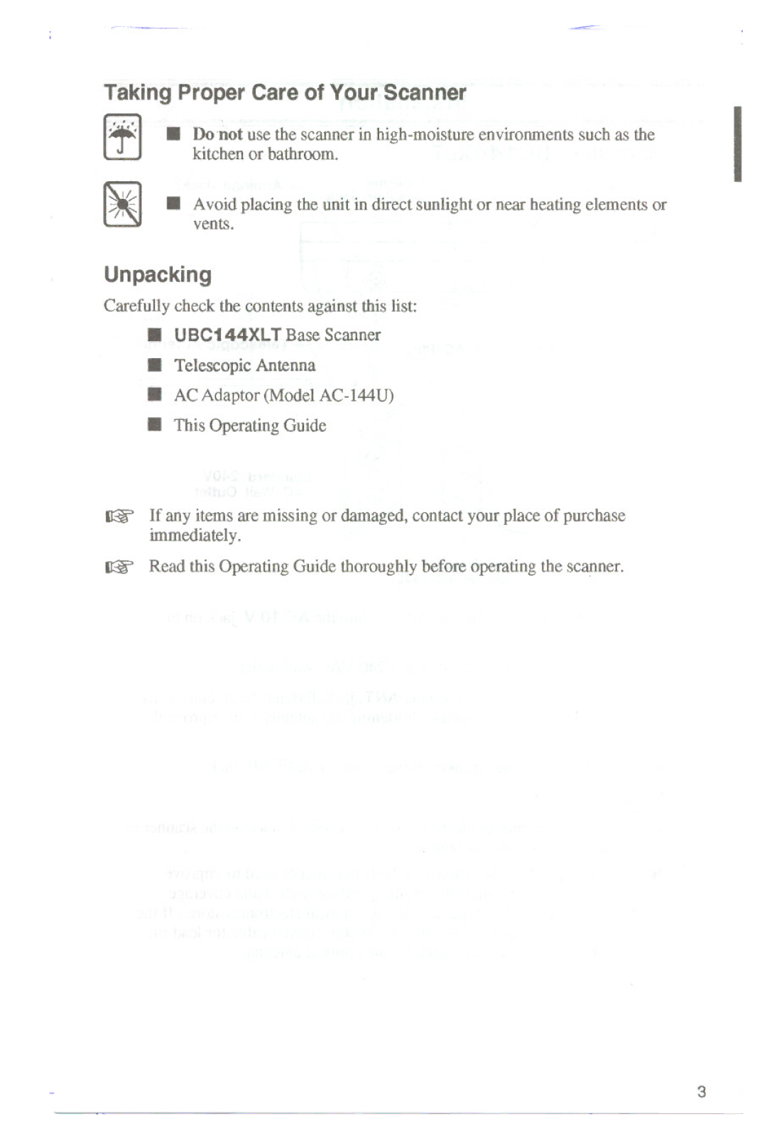 Uniden UBC144XLT manual TakingProperCareof YourScanner, Unpacking 