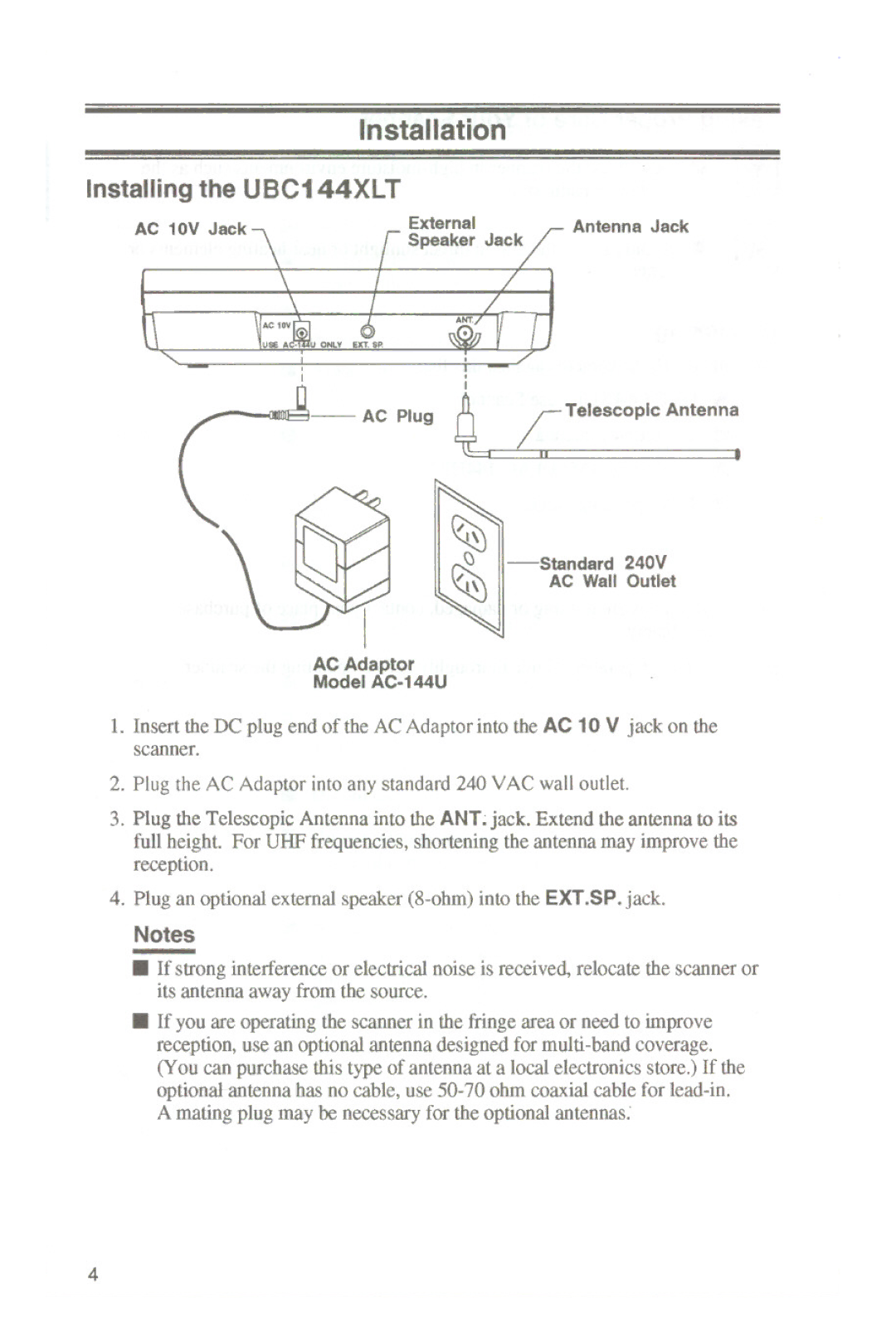 Uniden manual Installation Installingthe UBC144XLT 