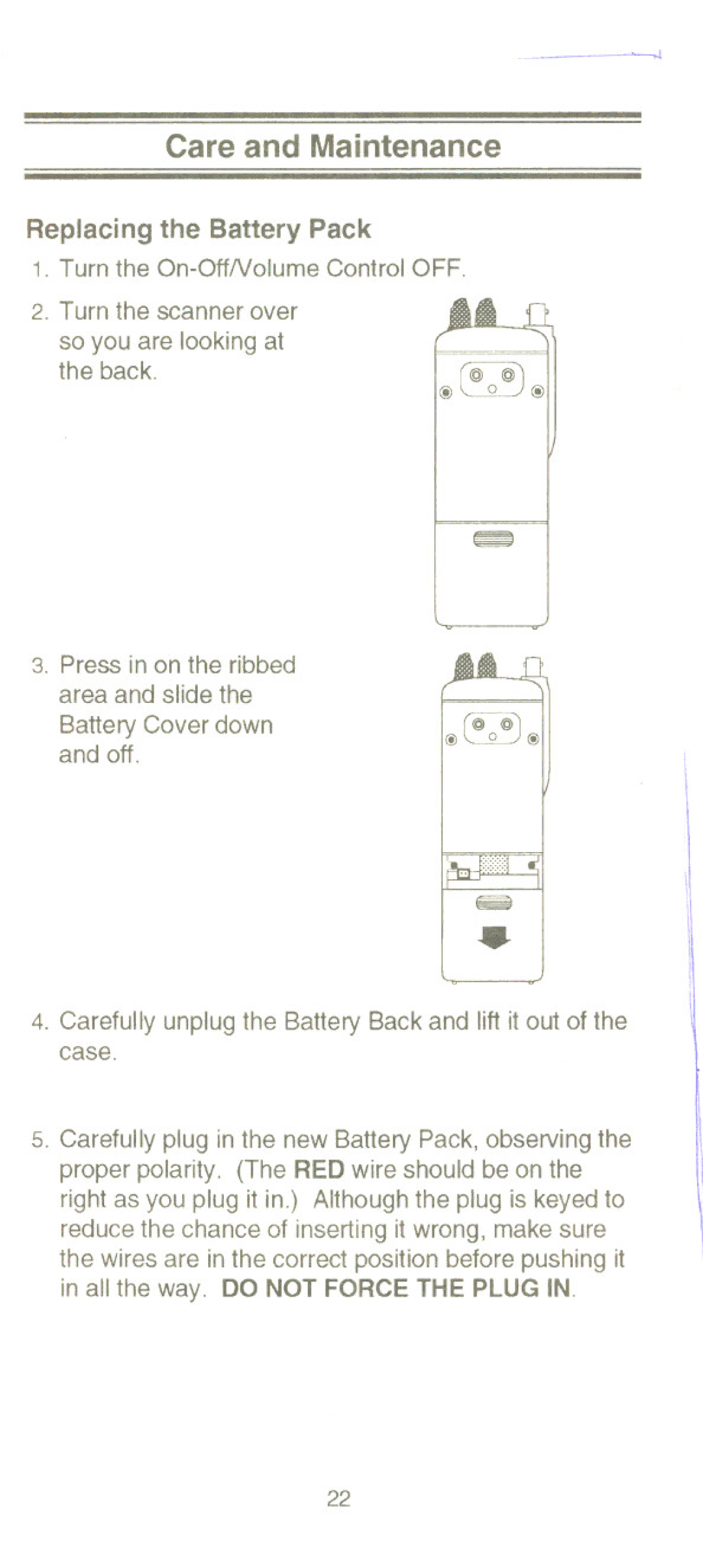 Uniden UBC220XLT manual Care and Maintenance, Replacing the Battery Pack 