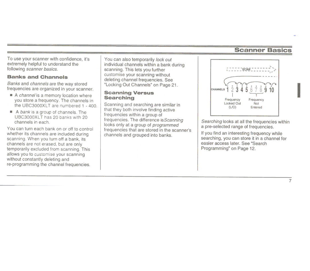 Uniden UBC3000XLT manual Banks and Channels, Scanning Versus Searching 