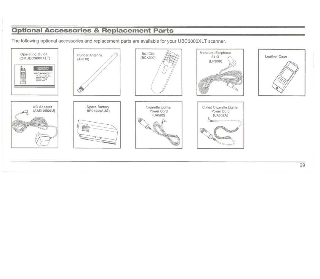 Uniden UBC3000XLT manual Parts, Qptional Accessories & Replacement 