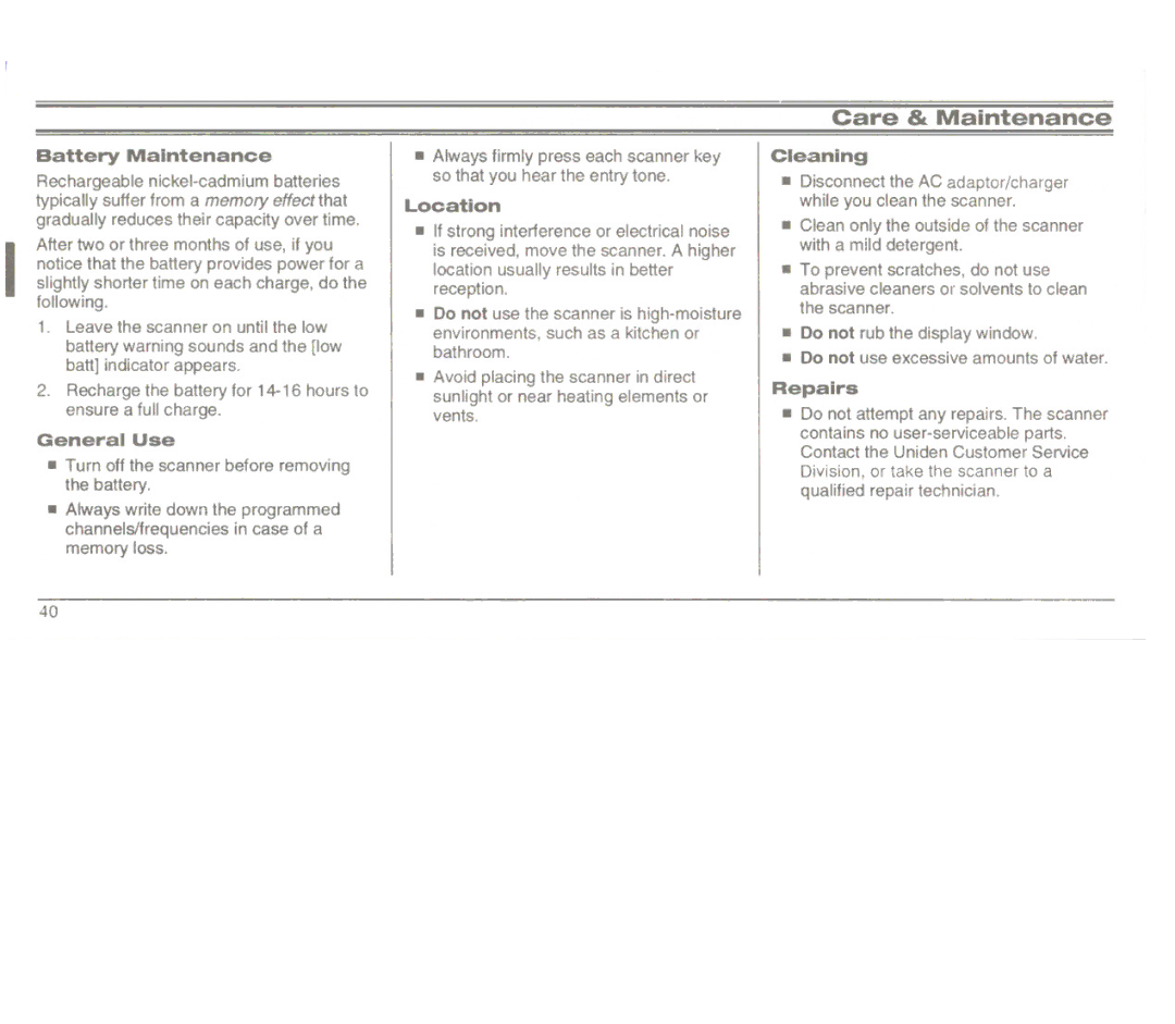 Uniden UBC3000XLT manual Battery Maintenance, General Use, Location, Cleaning, Repairs 