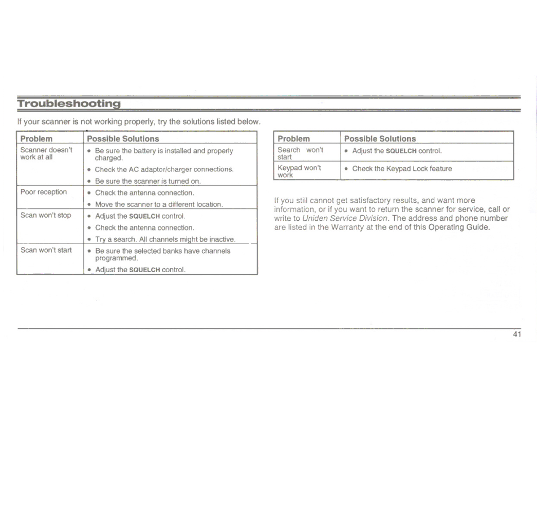 Uniden UBC3000XLT manual Troubleshooting 