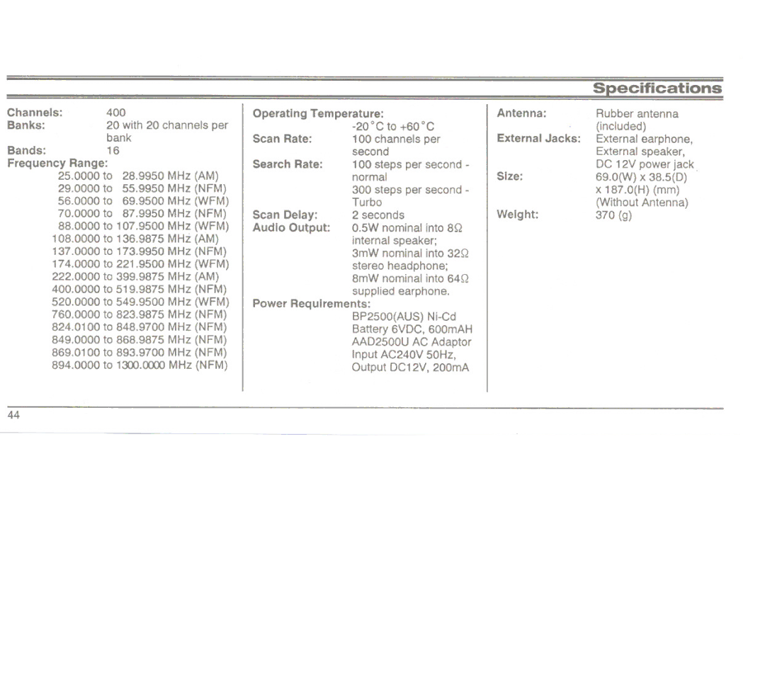 Uniden UBC3000XLT manual SE!ecifications 