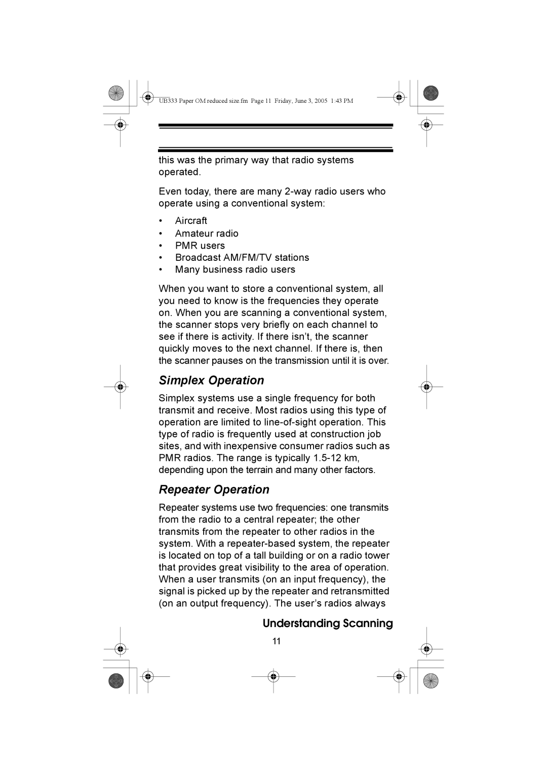 Uniden UBC30XLT manual Simplex Operation, Repeater Operation 