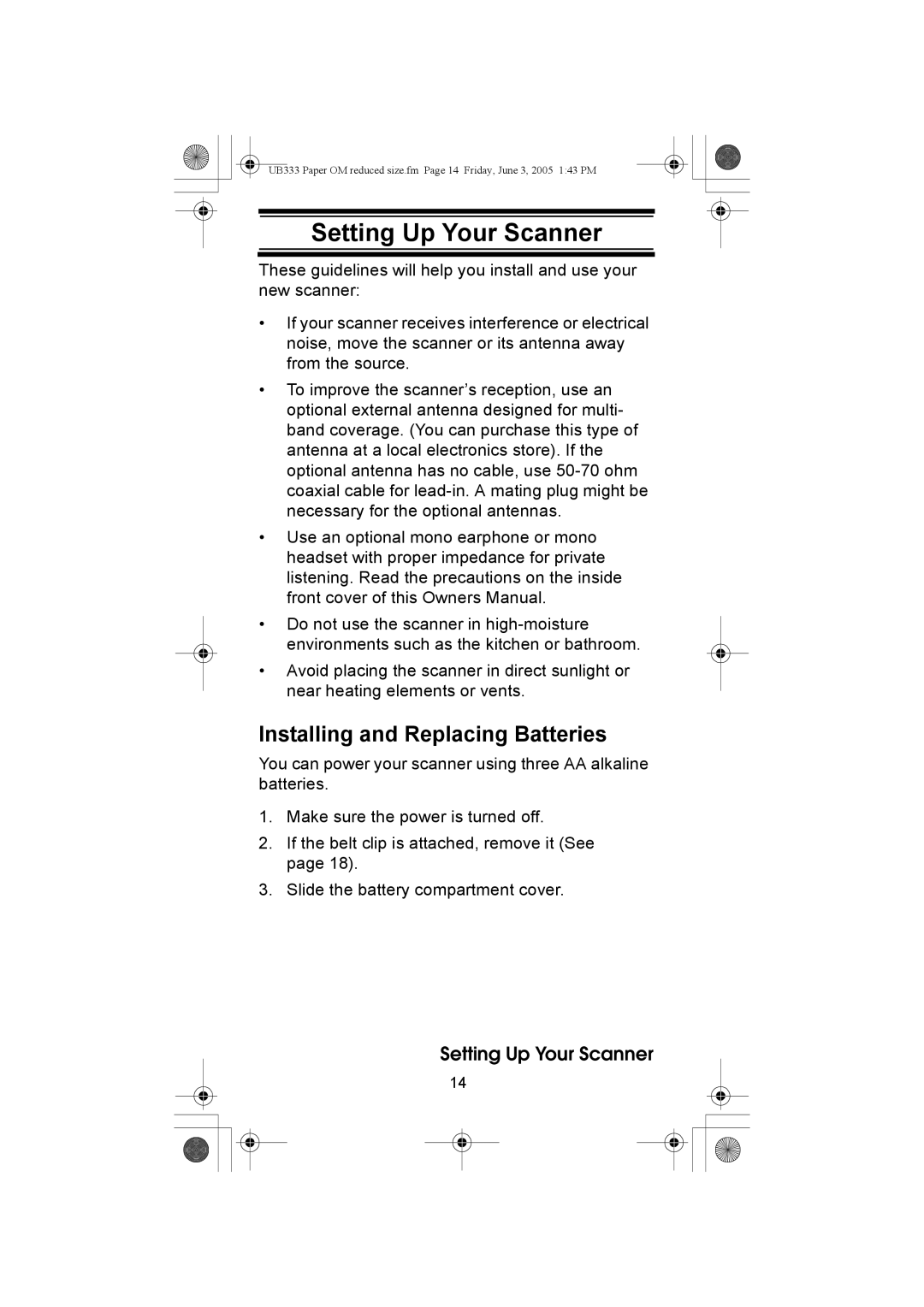 Uniden UBC30XLT manual Setting Up Your Scanner, Installing and Replacing Batteries 