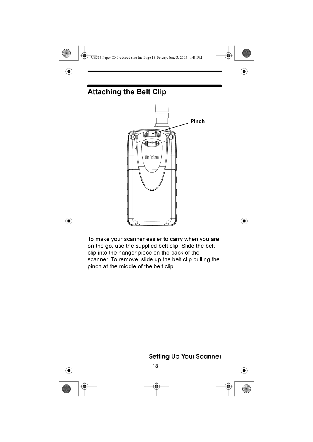 Uniden UBC30XLT manual Attaching the Belt Clip 