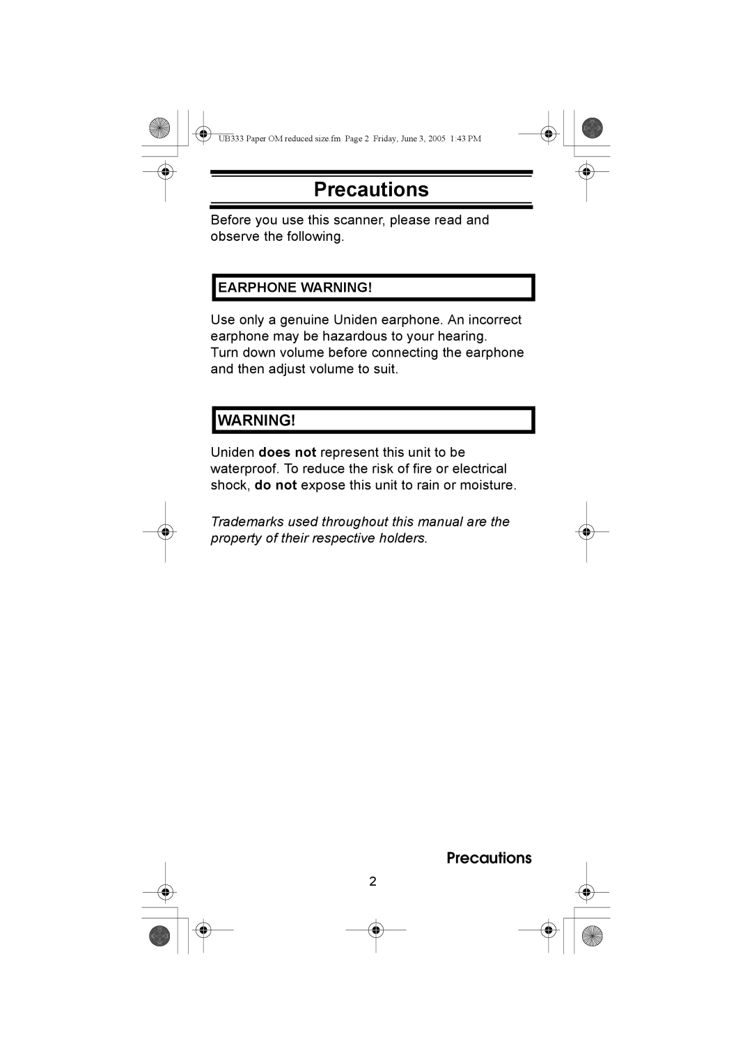 Uniden UBC30XLT manual Precautions 