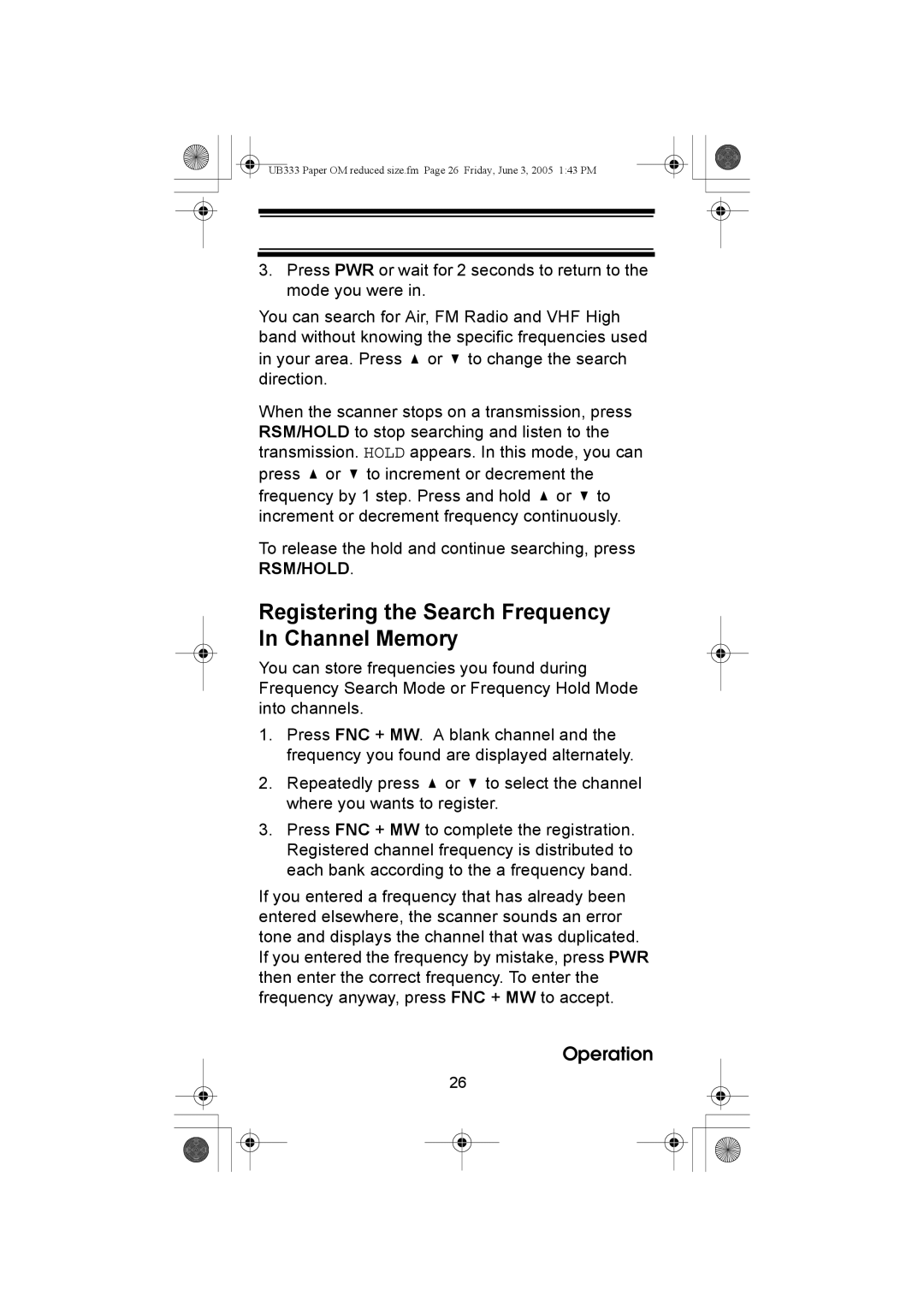 Uniden UBC30XLT manual Registering the Search Frequency In Channel Memory 