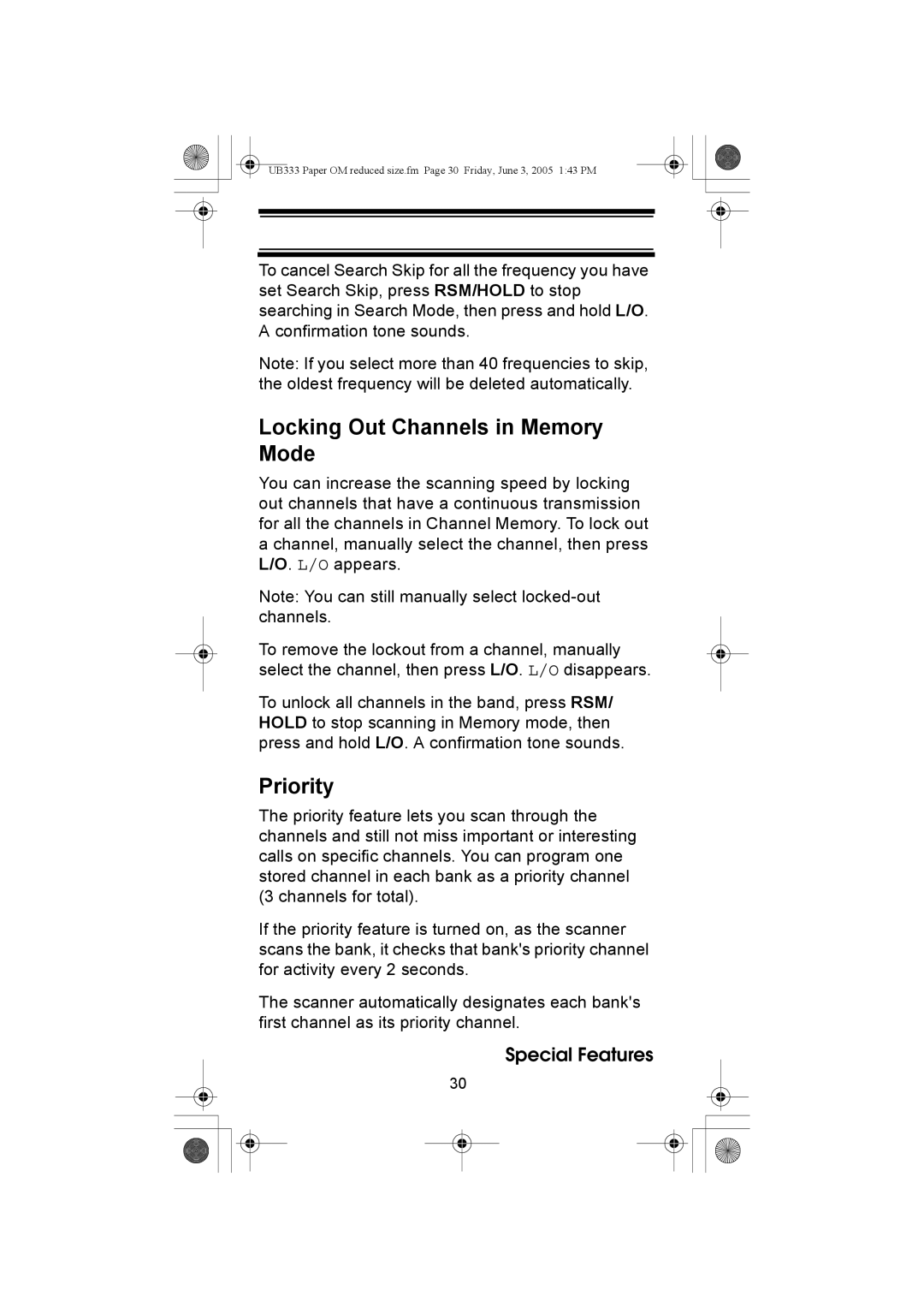 Uniden UBC30XLT manual Locking Out Channels in Memory Mode, Priority 