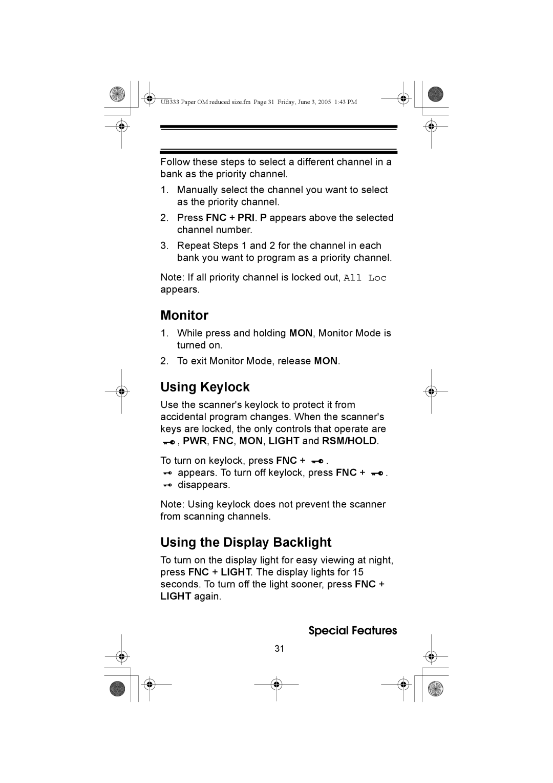 Uniden UBC30XLT manual Monitor, Using Keylock, Using the Display Backlight 