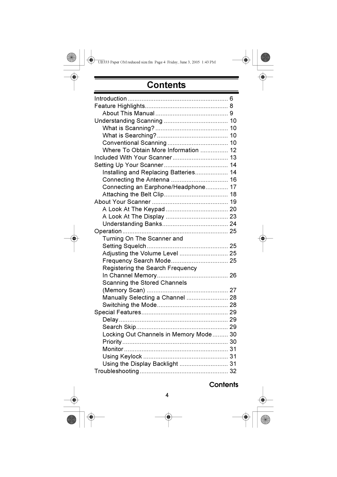 Uniden UBC30XLT manual Contents 