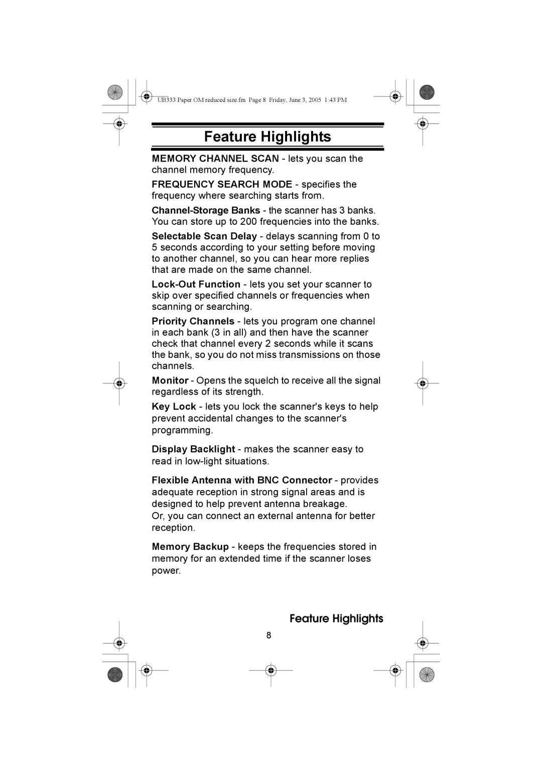 Uniden UBC30XLT manual Feature Highlights 