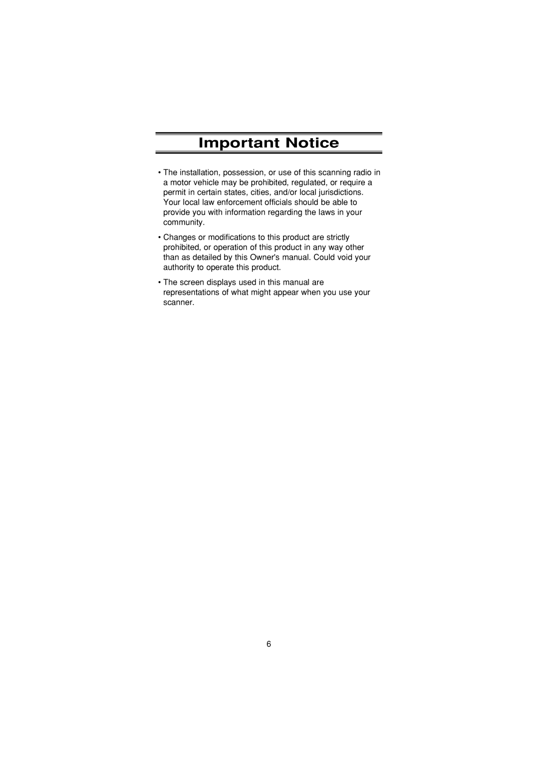 Uniden UBC3300XLT manual Important Notice 