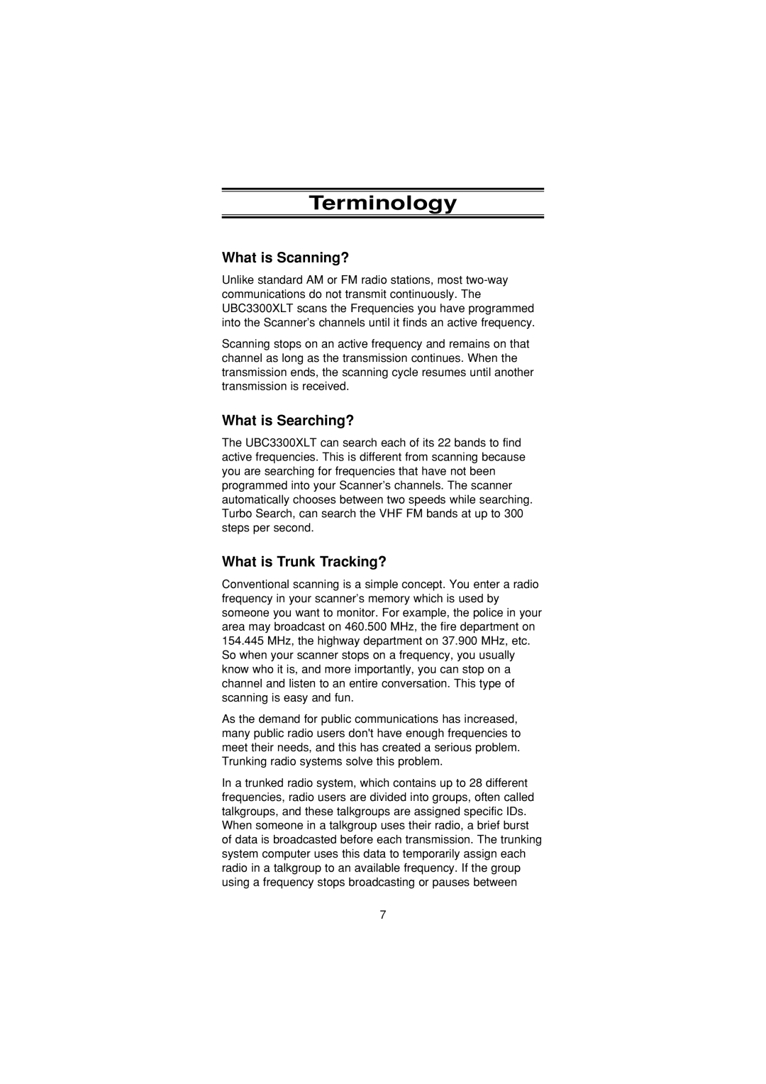 Uniden UBC3300XLT manual Terminology, What is Scanning?, What is Searching?, What is Trunk Tracking? 