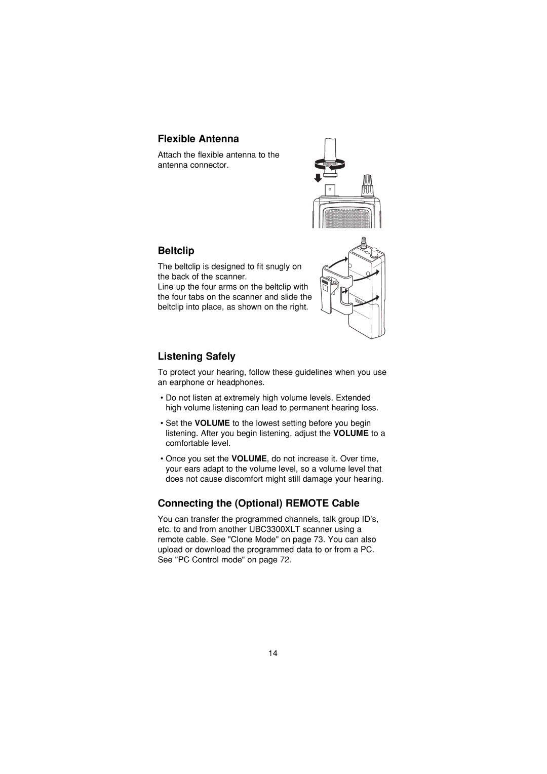 Uniden UBC3300XLT manual Flexible Antenna, Beltclip, Listening Safely, Connecting the Optional Remote Cable 