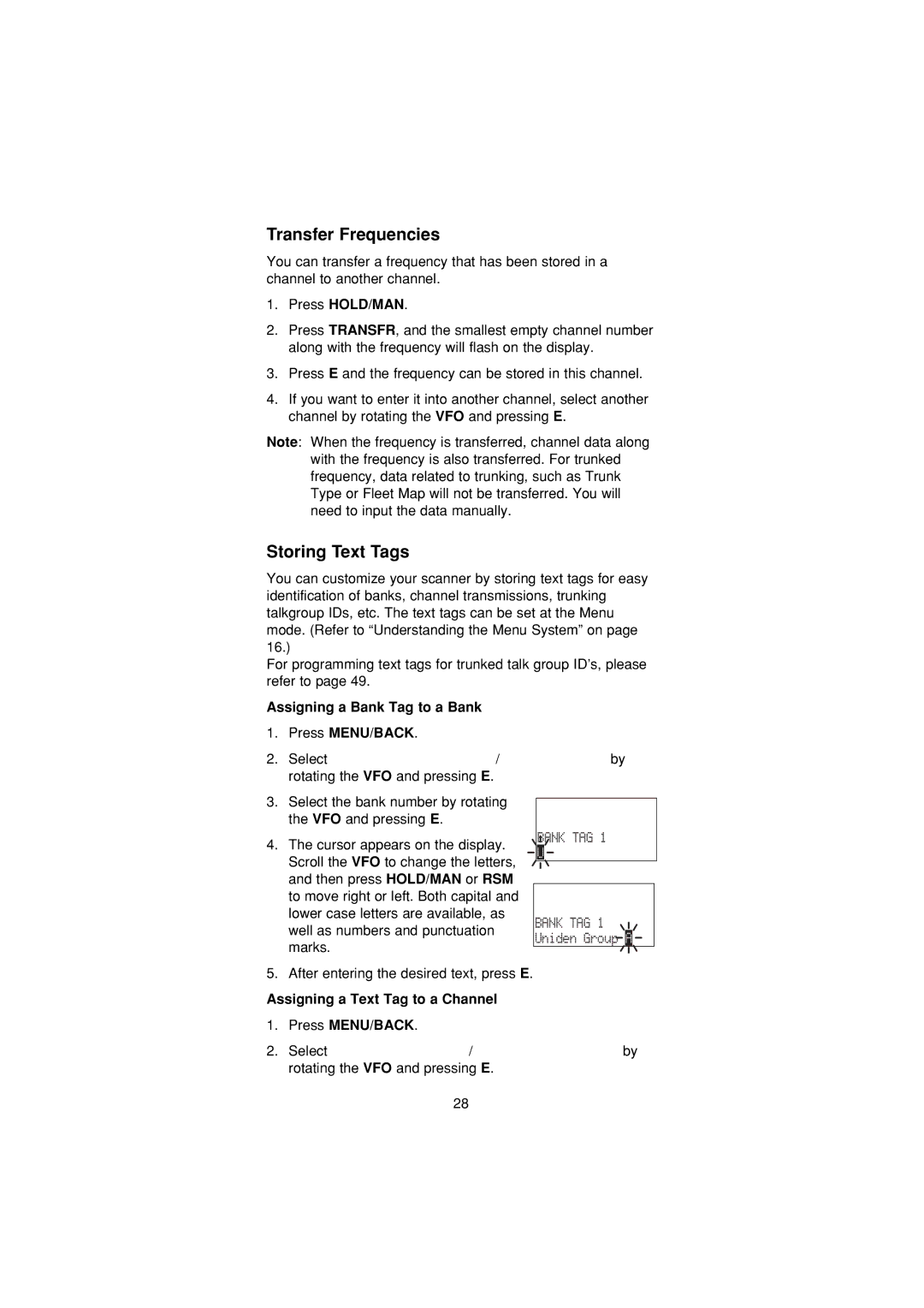 Uniden UBC3300XLT Transfer Frequencies, Storing Text Tags, Press HOLD/MAN, Assigning a Bank Tag to a Bank Press MENU/BACK 