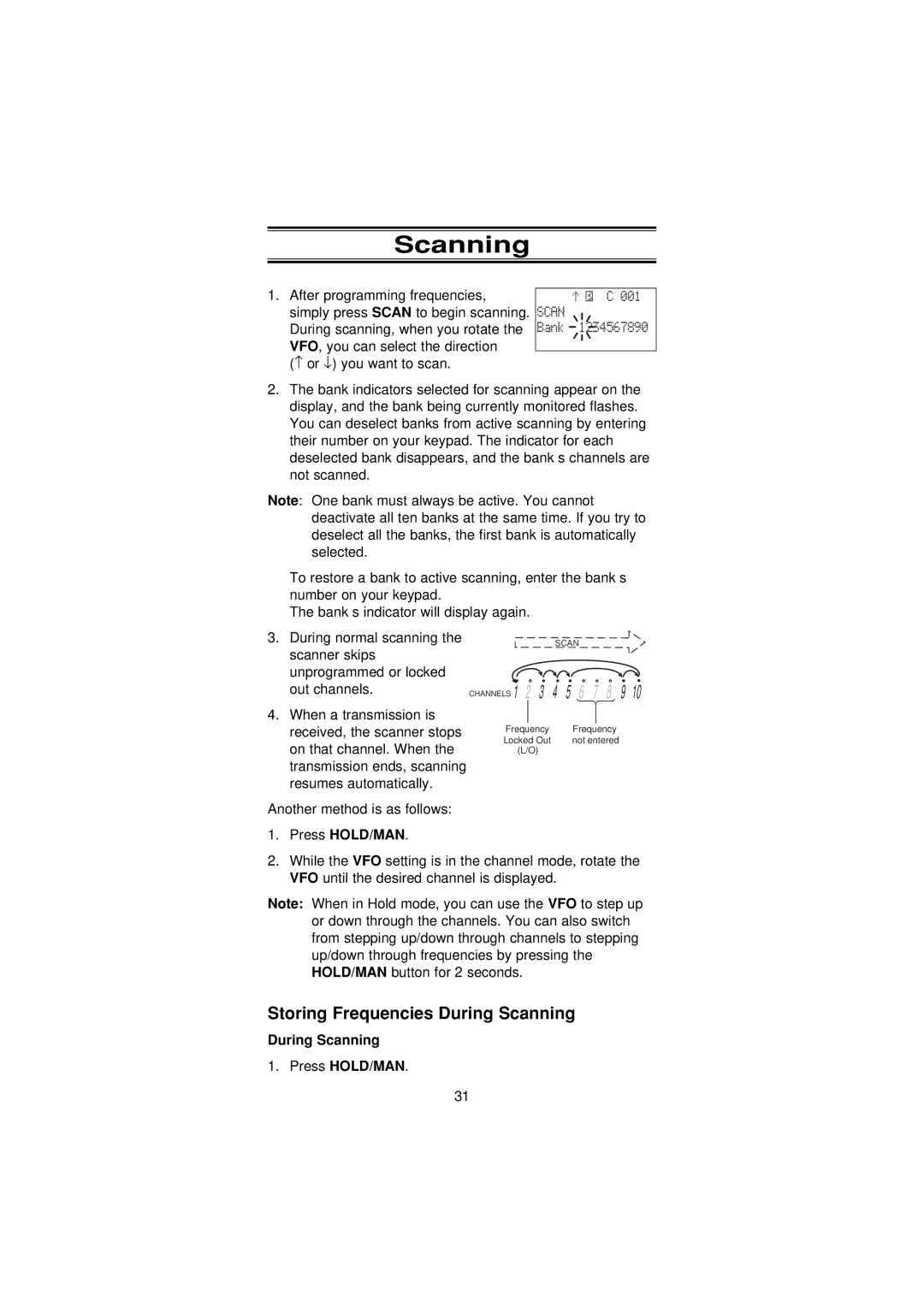 Uniden UBC3300XLT manual Storing Frequencies During Scanning, 001, Bank, During Scanning Press HOLD/MAN 