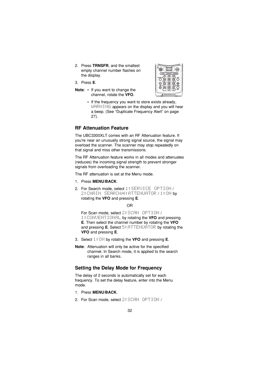 Uniden UBC3300XLT manual RF Attenuation Feature, Setting the Delay Mode for Frequency 